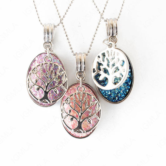 Zinc Alloy Multi, Blue, Pink Tree Of Life Silver Plated Charm Druzy Oval Necklace