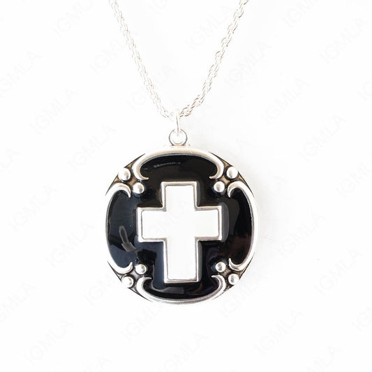 Zinc Alloy Black White Color Cross Silver Plated Round Round Necklace