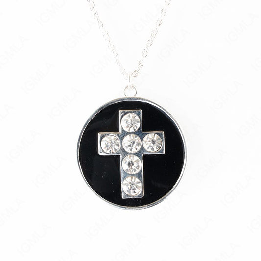 Zinc Alloy Black W Rhinestone Cross Silver Plated Round Necklace