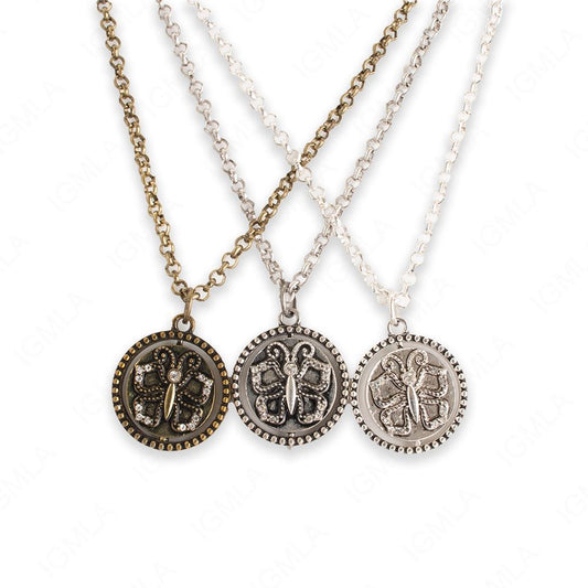 Zinc Alloy Butterfly Believer W Rhinestone Antique Gold, Rhodium, Silver Plated Round Necklace
