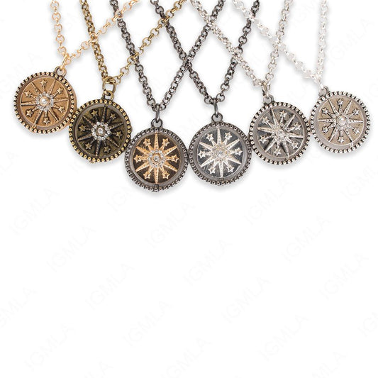 Zinc Alloy 6 Star Daughter W Rhinestone Gold, Antique Gold, Gun Metal, Rhodium, Silver Plated Round Necklace