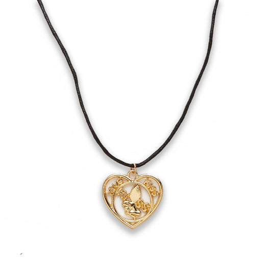 Zinc Alloy Love, Kiss W Wax Cord Gold Plated Heart Necklace