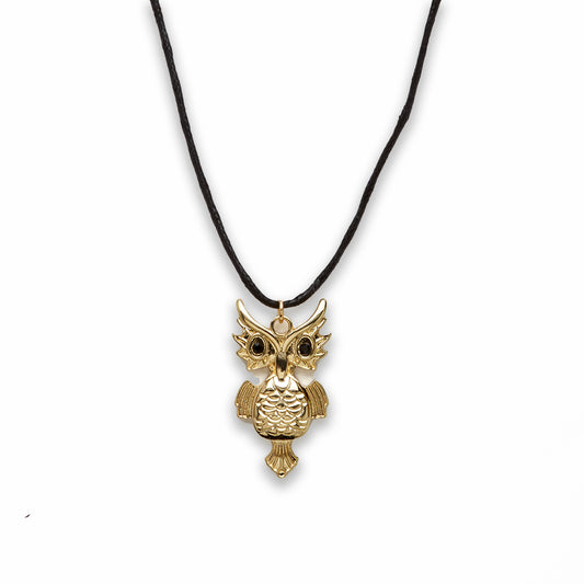 Zinc Alloy Gold Plated Black Cord Owl Necklace