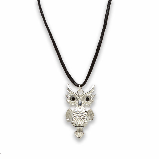 Zinc Alloy Silver Plated Black Cord Owl Necklace