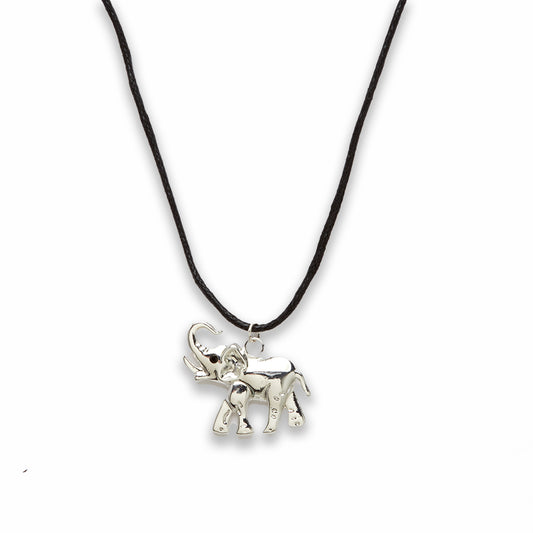 Zinc Alloy Silver Plated Black Cord Elephant Necklace