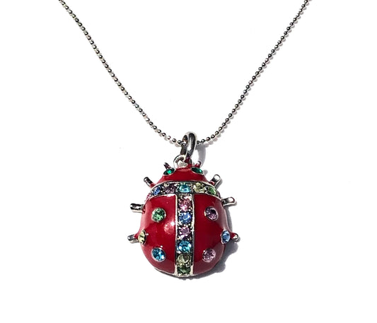 Zinc Alloy Multi Rhinestone Silver Plated Lady Bug Necklace