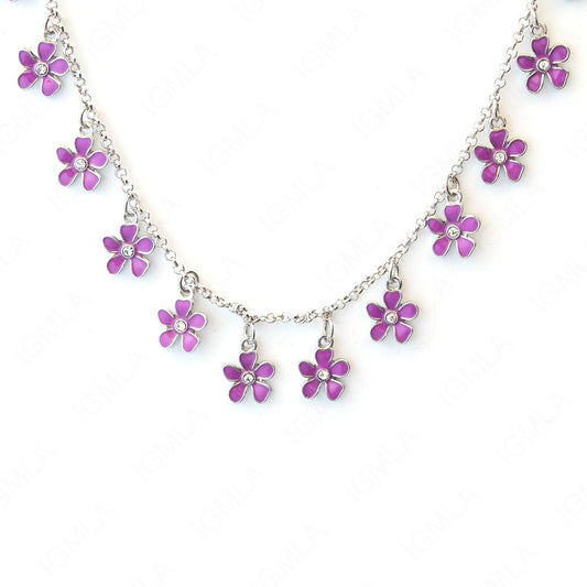 Zinc Alloy Purple Color Rhodium Plated Flower Necklace