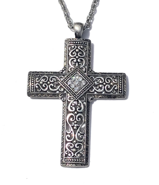 Zinc Alloy Clear Rhinestone Silver Plated Cross Necklace