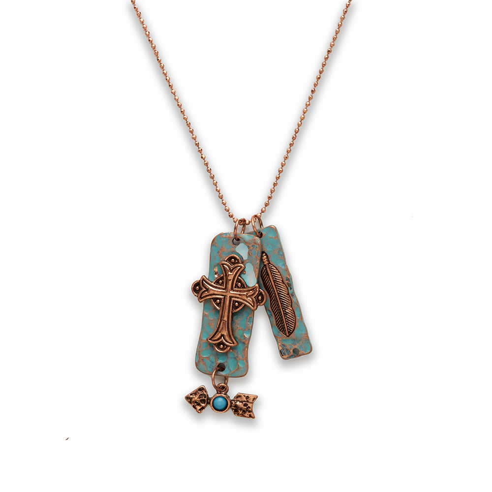 Zinc Alloy Copper Plated Cross, feather Charm Rectangle Necklace