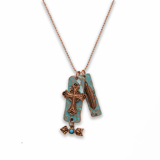 Zinc Alloy Copper Plated Cross, feather Charm Rectangle Necklace