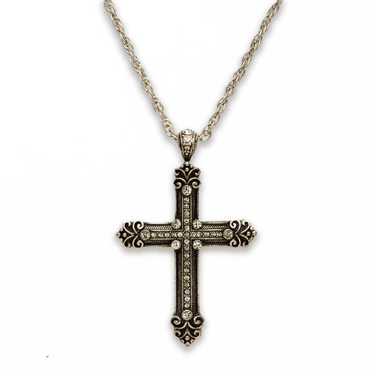Zinc Alloy Crystal with Rhinestone in Rhodium Plated Cross Necklace