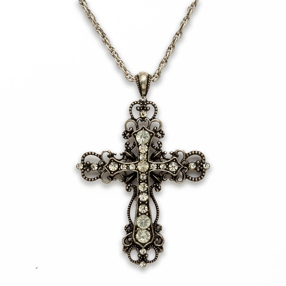 Zinc Alloy Rhinestone Rhodium Plated Cross Necklace