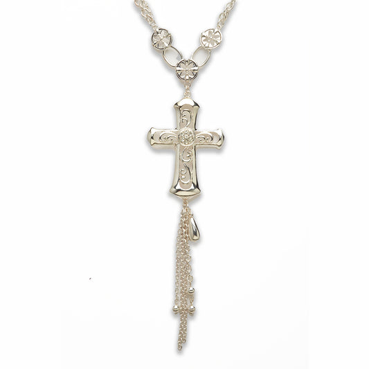 Zinc Alloy Silver Plated cross with flowers Necklace