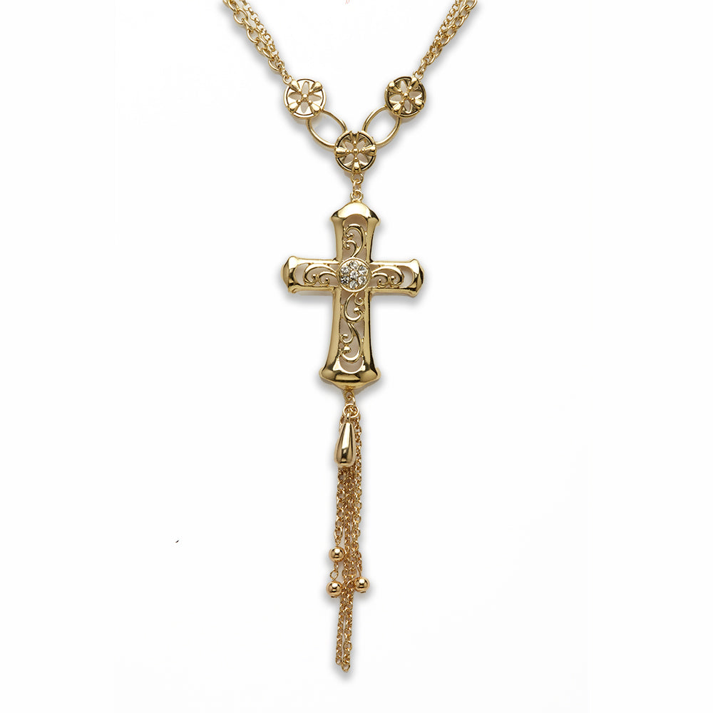 Zinc Alloy Gold Plated cross with flowers Necklace