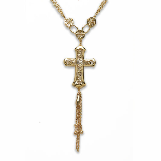 Zinc Alloy Gold Plated cross with flowers Necklace