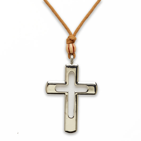 Zinc Alloy Gold Plated W/ Brown Cord Cross Necklace