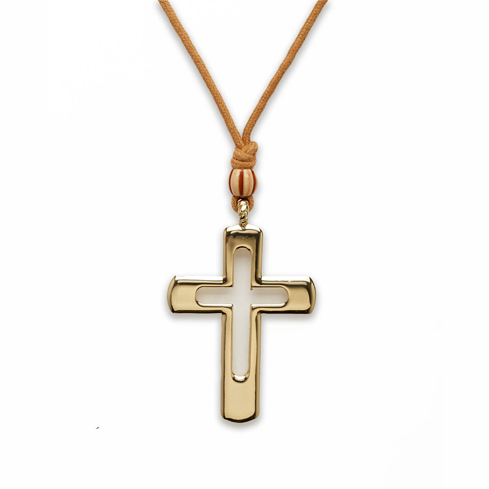 Zinc Alloy Silver Plated W/Brown Cord Cross Necklace