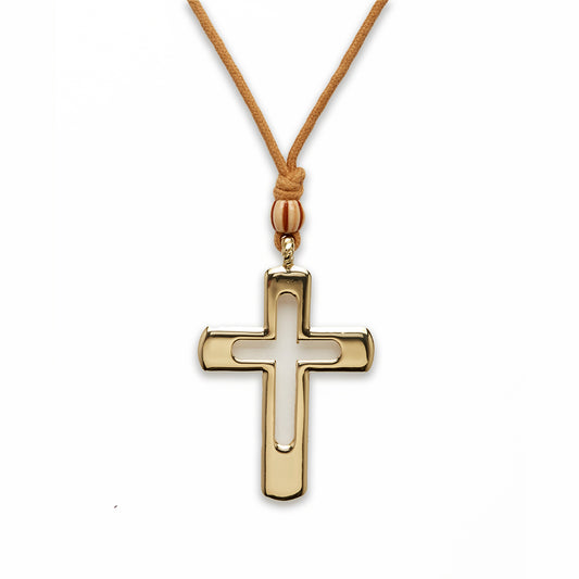 Zinc Alloy Silver Plated W/Brown Cord Cross Necklace