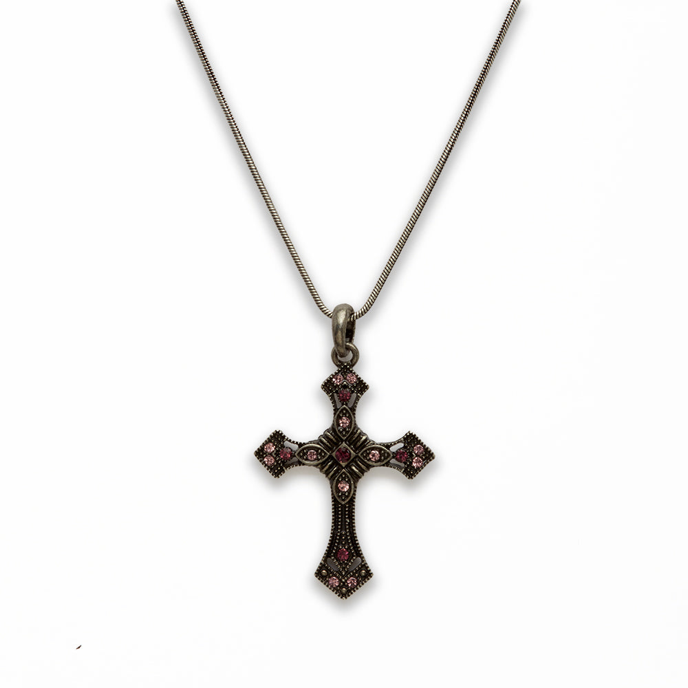 Zinc Alloy Pink Rhinestone Gun Metal Plating Cross Necklace
