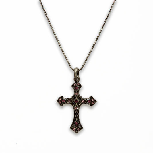 Zinc Alloy Pink Rhinestone Gun Metal Plating Cross Necklace