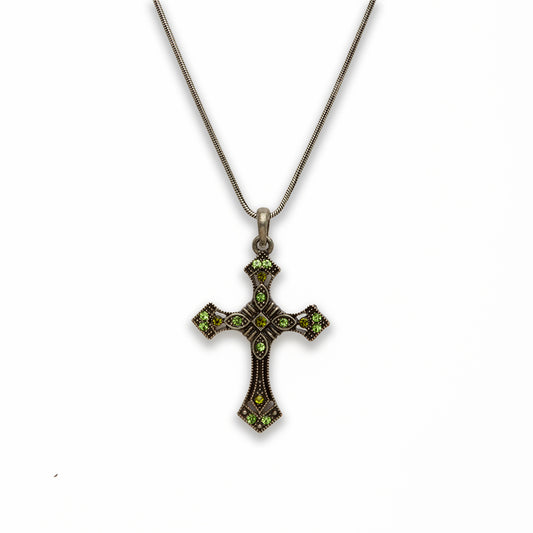 Zinc Alloy Green Rhinestone Gun Metal Plating Cross Necklace