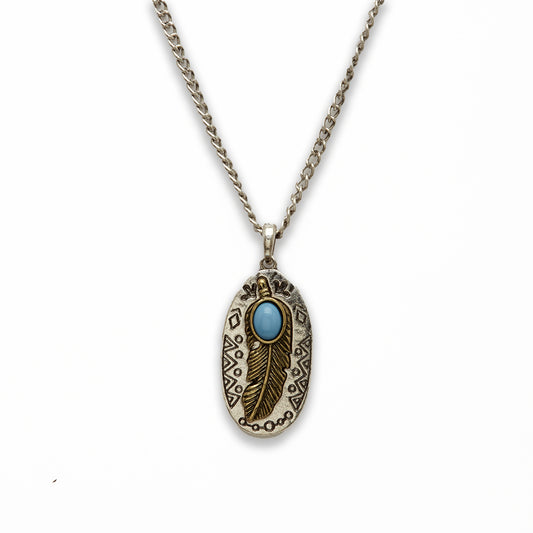 Zinc Alloy Syn Turquoise Cab W Antique Feather, Rhodium Plated Oval Necklace