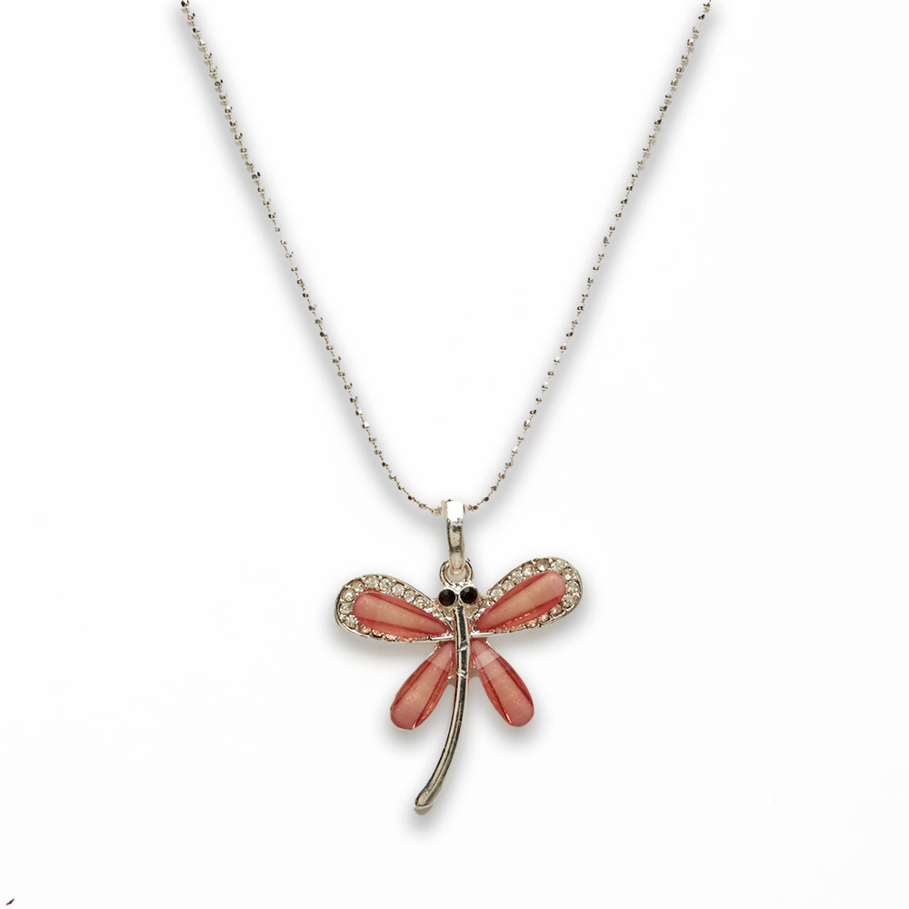 Zinc Alloy Pink Silver Plated Dragon Fly Necklace