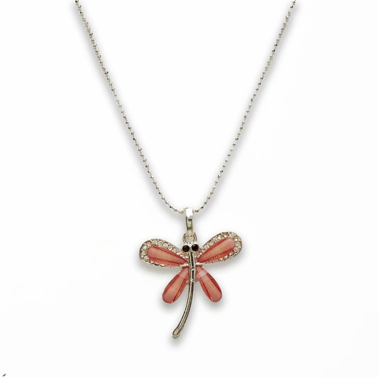 Zinc Alloy Pink Silver Plated Dragon Fly Necklace