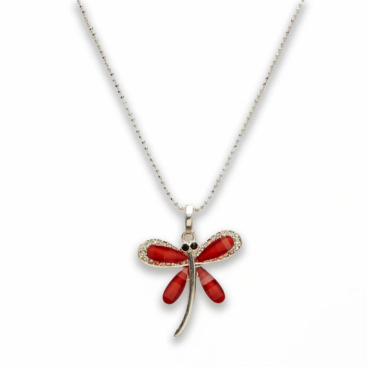 Zinc Alloy Red Silver Plated Dragon Fly Necklace