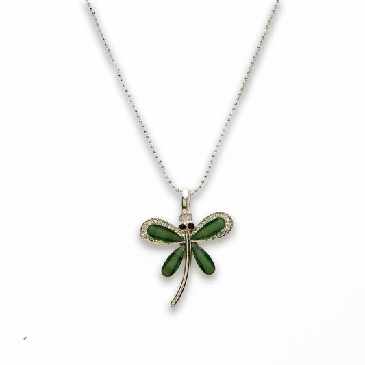 Zinc Alloy Green Silver Plated Dragon Fly Necklace