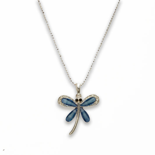 Zinc Alloy Blue Silver Plating Dragon Fly Necklace