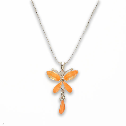 Zinc Alloy Orange Silver Plated Butterfly Necklace