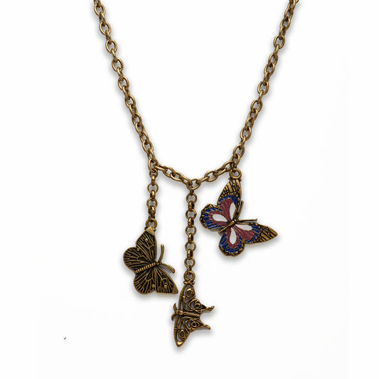 Zinc Alloy Antique Gold Butterfly Necklace