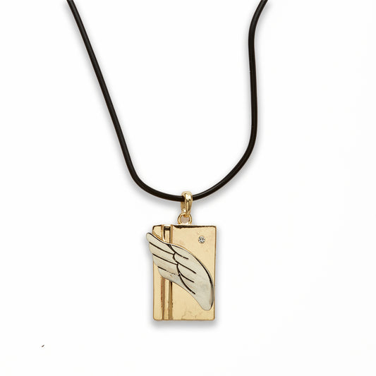 Zinc Alloy Feather Silver w Gold Plating on Black cord Necklace