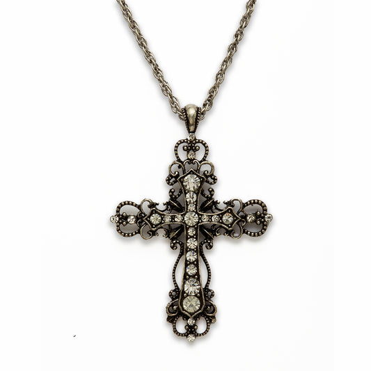 Zinc Alloy Clear Rhinestone Rhodium Plated CROSS Necklace