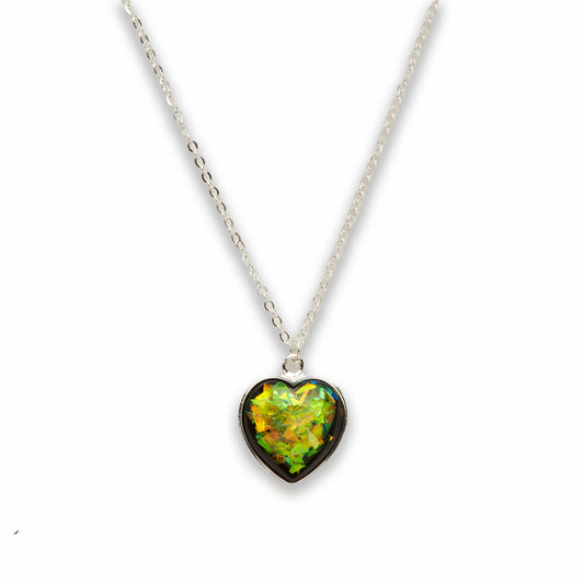 Zinc Alloy Medium Green Silver Plated Heart Necklace