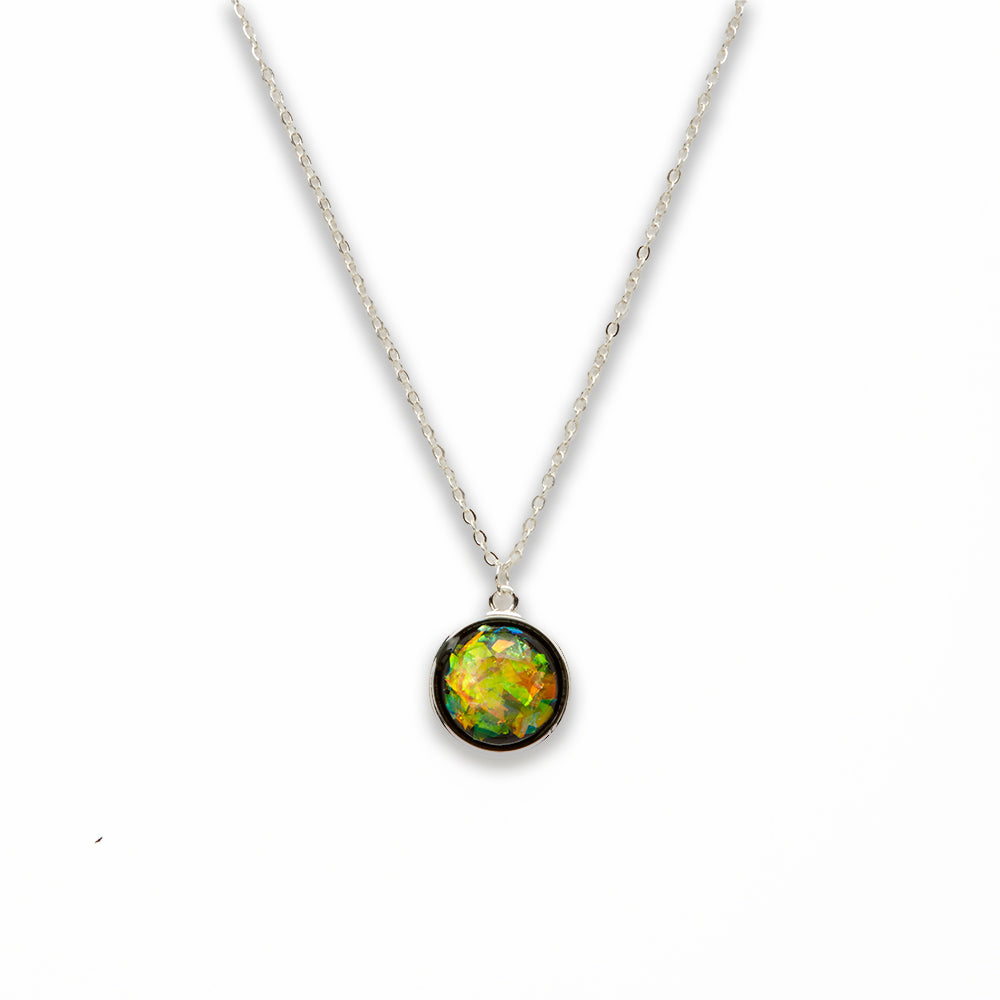 Zinc Alloy Small Green Silver Plated Round Necklace