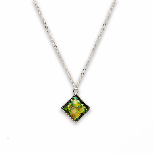Zinc Alloy Small Green Silver Plated Rectangle Necklace