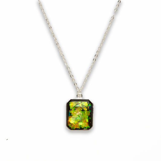 Zinc Alloy Medium Green Silver Plated Rectangle Necklace