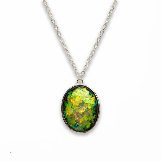 Zinc Alloy Large Green Silver Plated Oval Necklace