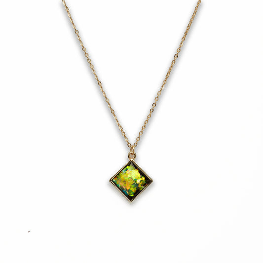 Zinc Alloy Small Green Gold Plated Square Necklace