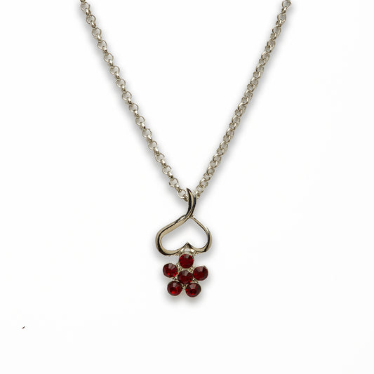 Zinc Alloy Red Rhinestone Silver Plated Flower Heart Necklace
