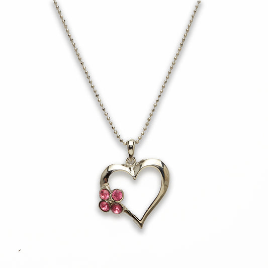 Zinc Alloy Pink Rhinestone Silver Plated Heart Necklace