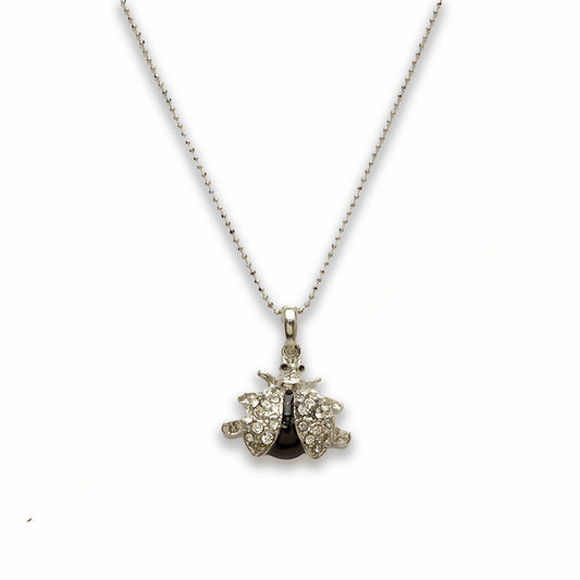 Zinc Alloy Clear Rhinestone W Black on Silver Plated Lady Bug Necklace