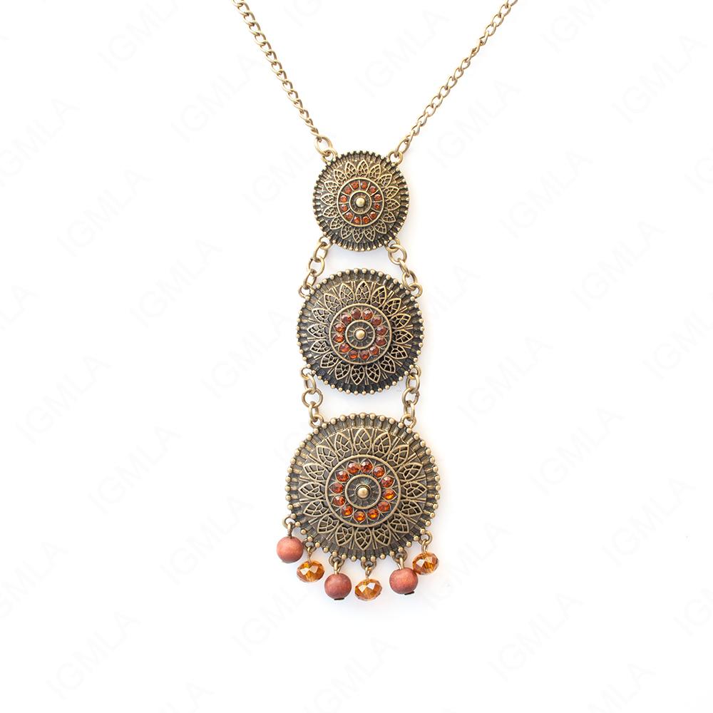 Zinc Alloy Red Orange Rhinestone Antique Gold Plating Coins Necklace