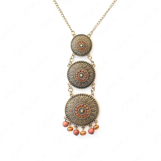 Zinc Alloy Red Orange Rhinestone Antique Gold Plating Coins Necklace