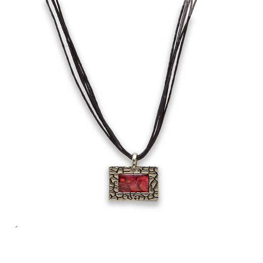 Zinc Alloy Red Paua Shell Silver Plated w Black Cord Rectangle Necklace