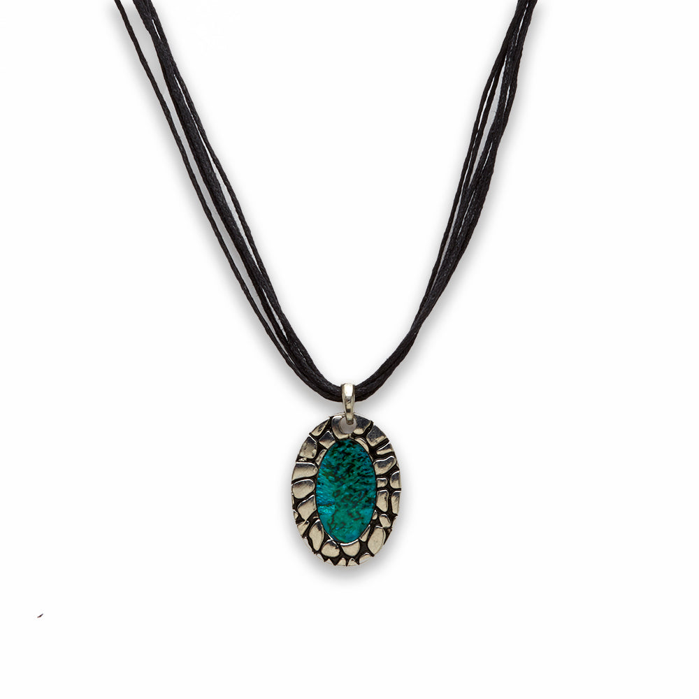 Zinc Alloy Green Paua Shell Silver Plating w Black Cord Oval Necklace