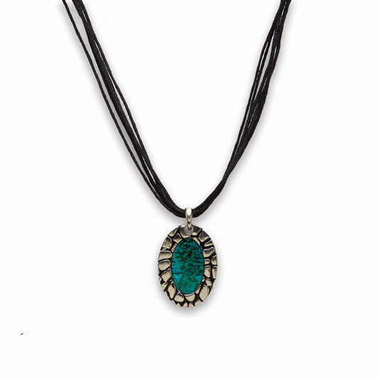 Zinc Alloy Green Paua Shell Silver Plating w Black Cord Oval Necklace