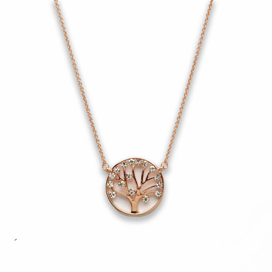 Zinc Alloy Clear Rhinestone Rose Gold Plated tree of Life Necklace